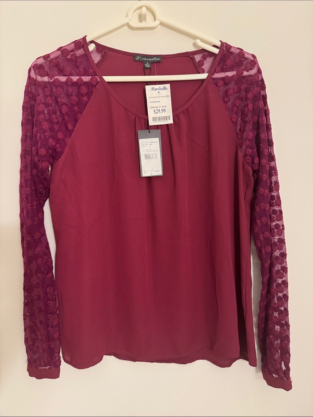 Adrianna Papell Maroon Lace Sleeve Scoop Neck Blouse